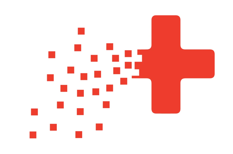 Gen7 Health brand motif — a medical cross dissolving into pixels