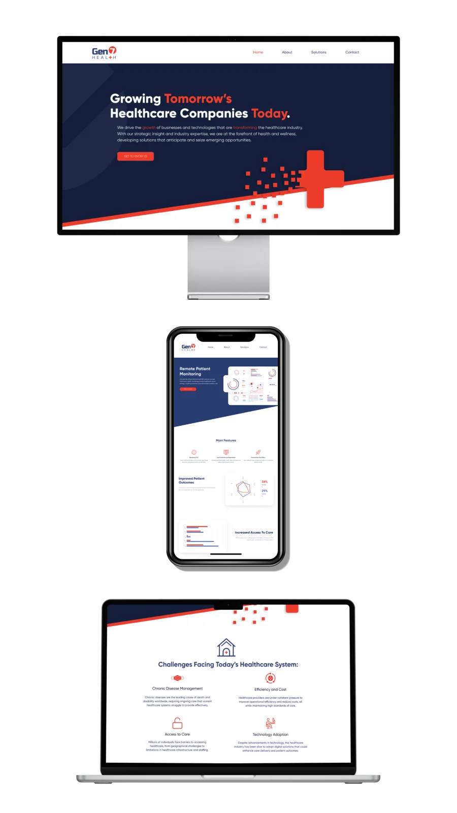 Gen7 Health website shown across desktop, phone, and laptop — the brand system applied to digital