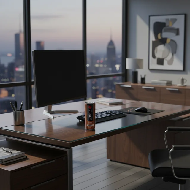 A JavaPlus can on a desk in a modern office overlooking the city