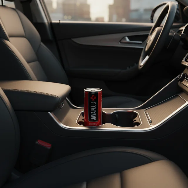A JavaPlus can in a car cupholder