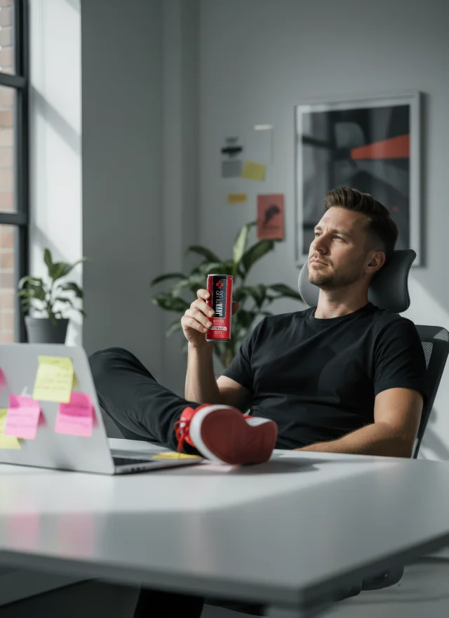 A man relaxing at home, holding a JavaPlus can