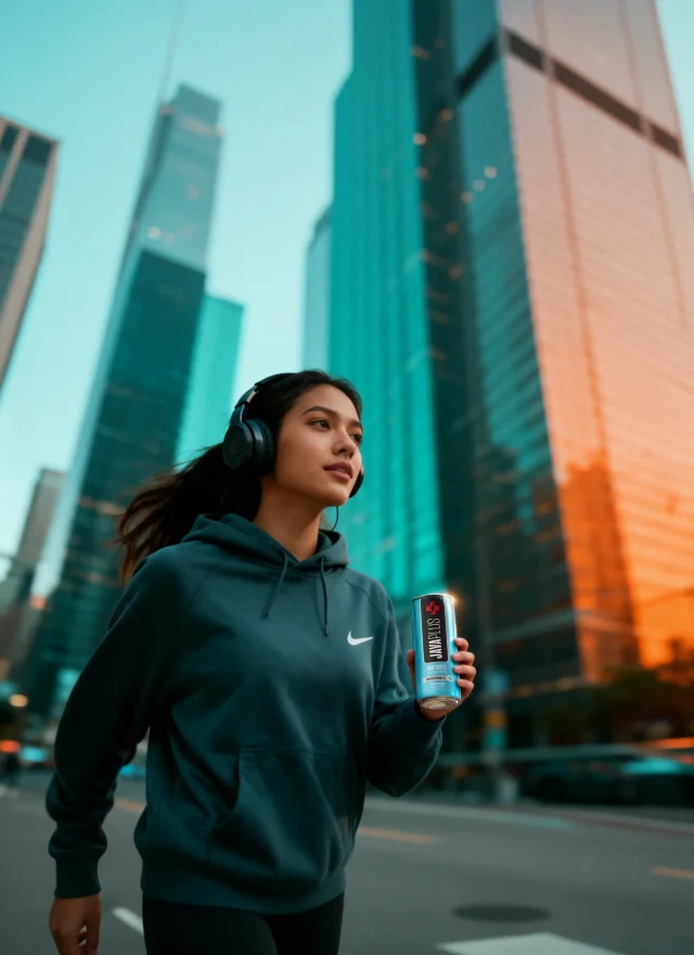 A woman in a hoodie and headphones holding a JavaPlus can on a city street at golden hour