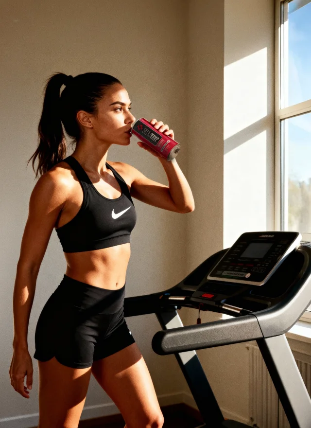 A woman in workout gear with a JavaPlus can
