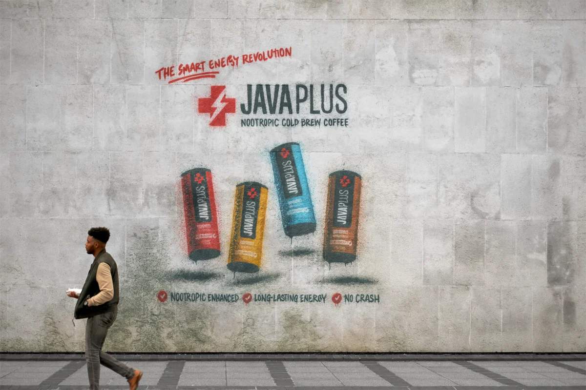 JavaPlus brand mural — &lsquo;The Smart Energy Revolution&rsquo; on a textured wall with the four-can lineup