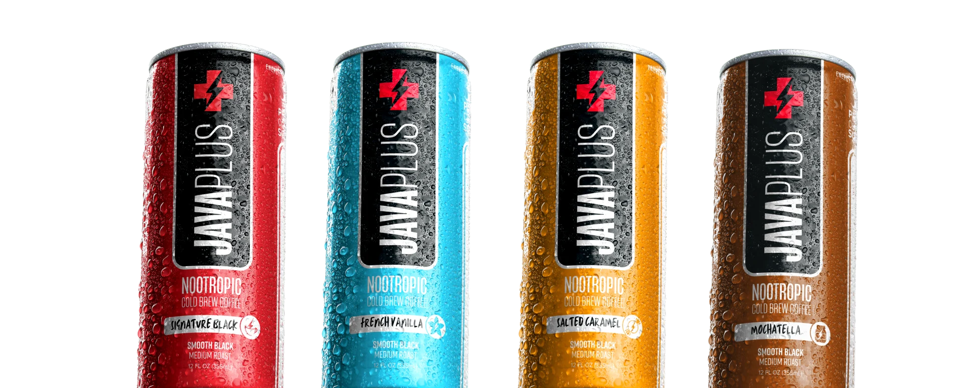 The four JavaPlus flavors in a row — Signature Black, French Vanilla, Salted Caramel, and Mochatella