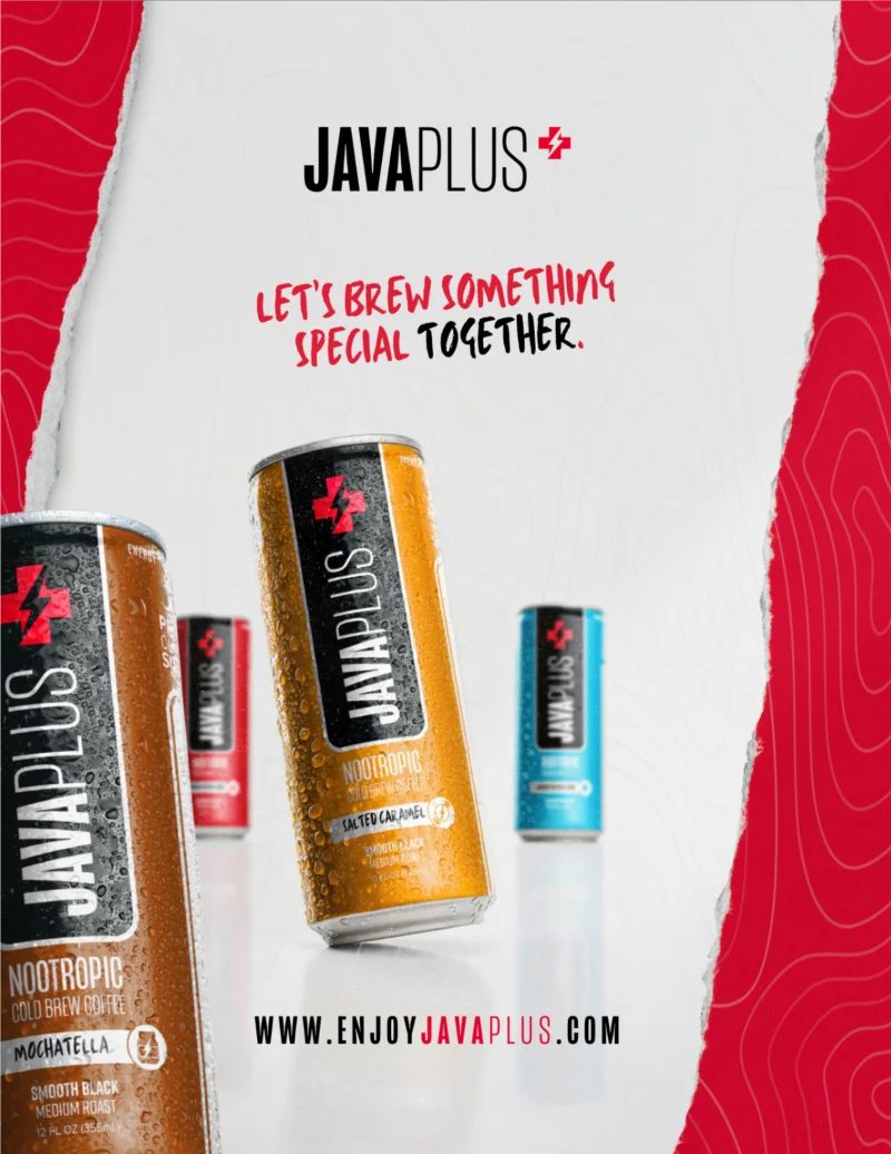 JavaPlus sales deck — closing call to action: &lsquo;Let&rsquo;s brew something special together&rsquo; with the four-can lineup