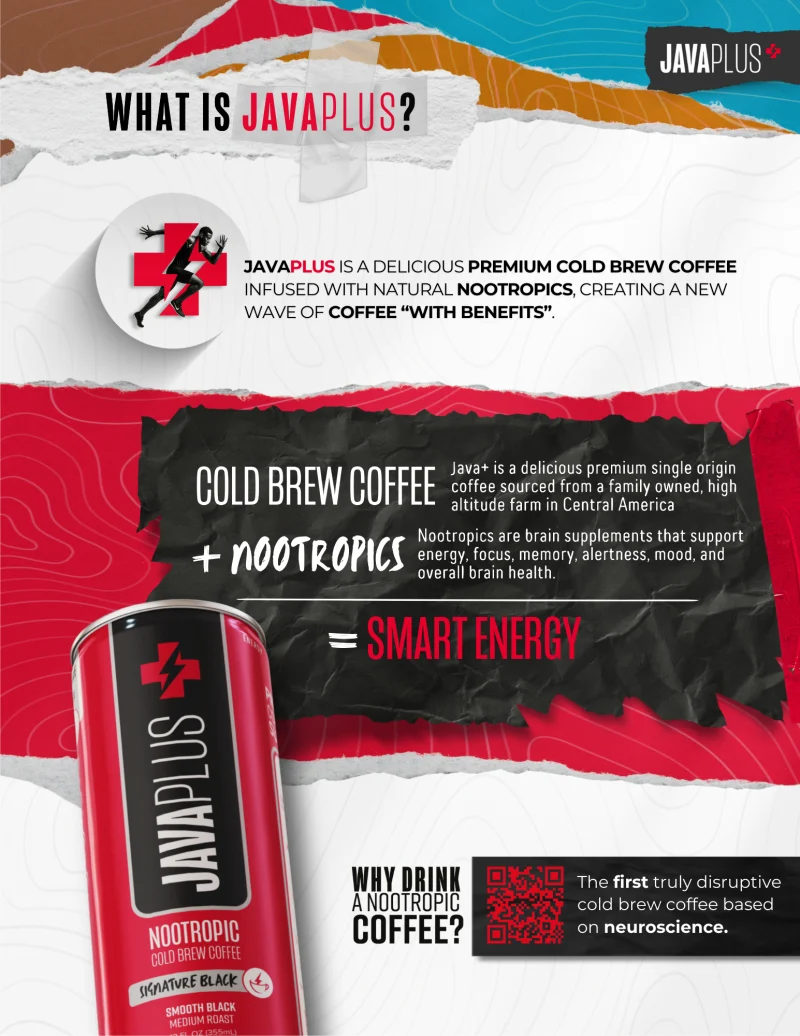JavaPlus sales deck — &lsquo;What is JavaPlus?&rsquo;: premium cold brew coffee infused with natural nootropics