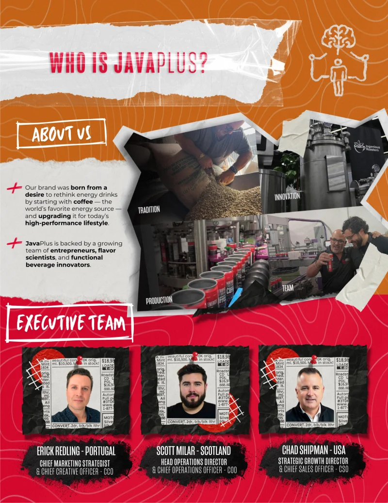 JavaPlus sales deck — &lsquo;Who is JavaPlus?&rsquo;: brand story and executive team