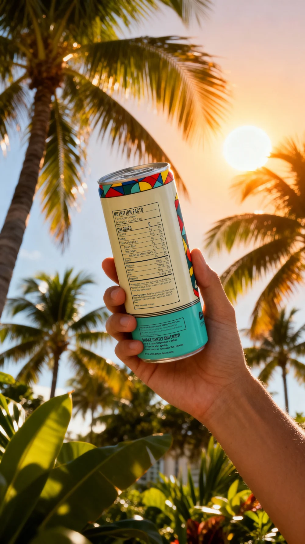 A hand holding a Mia Café con Leche can against palm trees and golden-hour sun