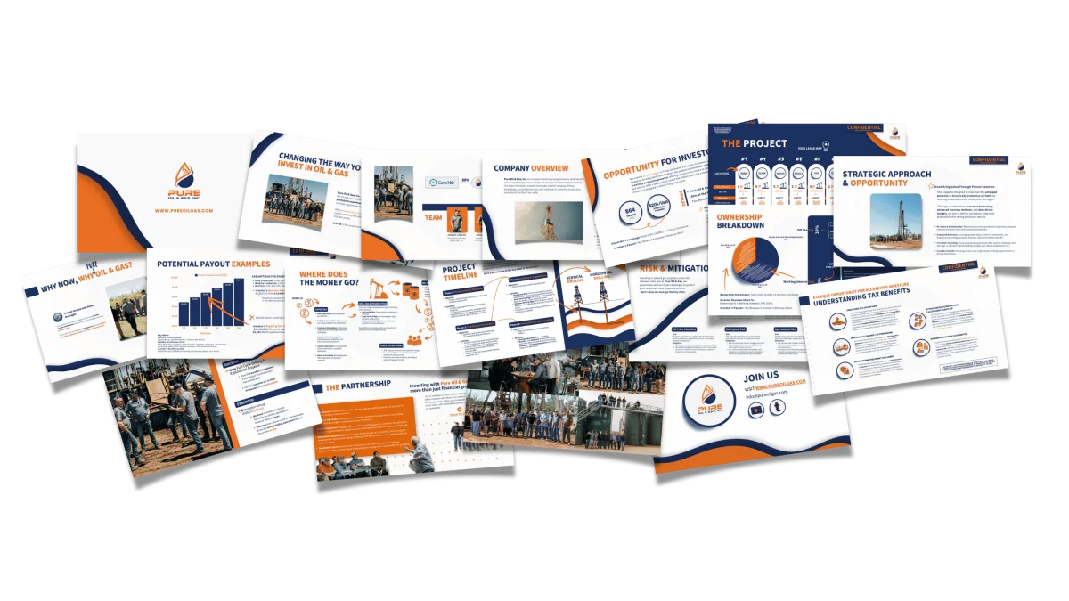 Pure Oil & Gas investor pitch deck — spread of slides