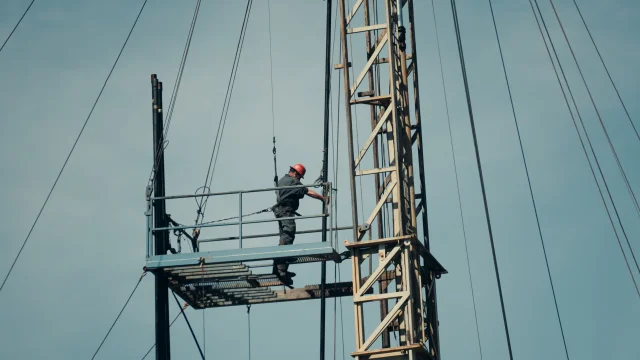 A crew member working high on the drilling derrick